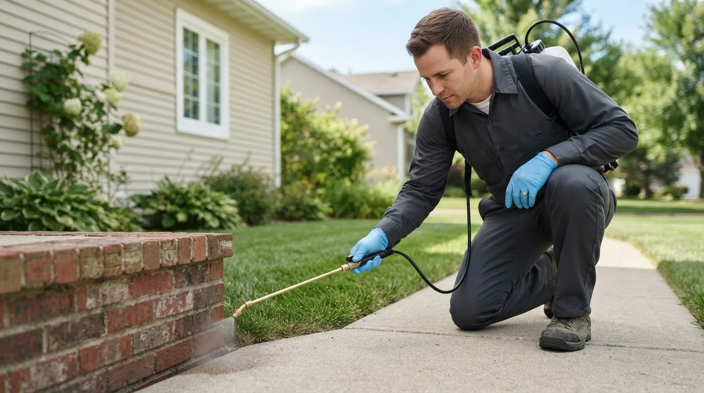 Pest control technician treating a home near Pflugerville, TX