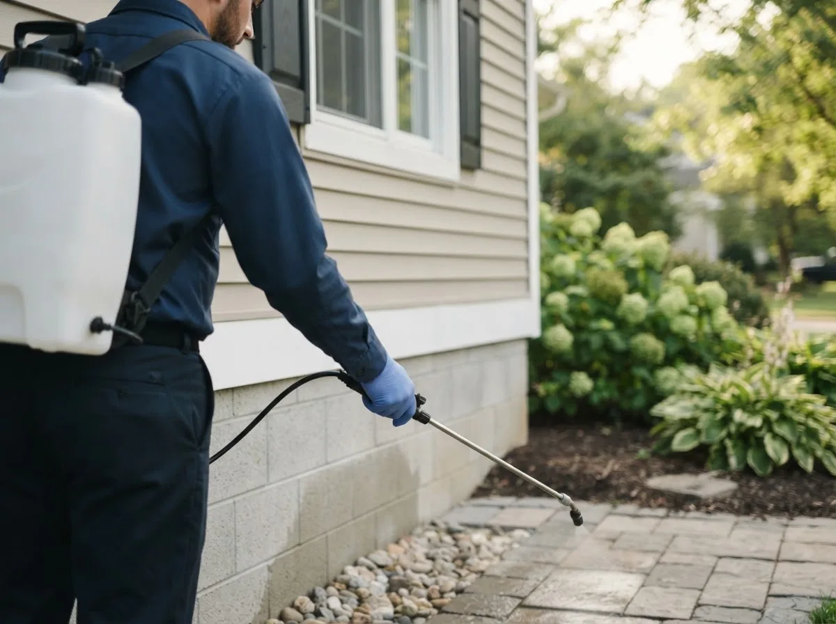 Pest control technician inspecting a home in Pflugerville, TX